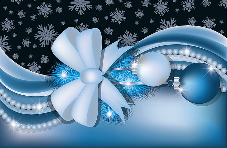 Blue Christmas Decoration, white ribbon ; two blue and white baubles, HD wallpaper