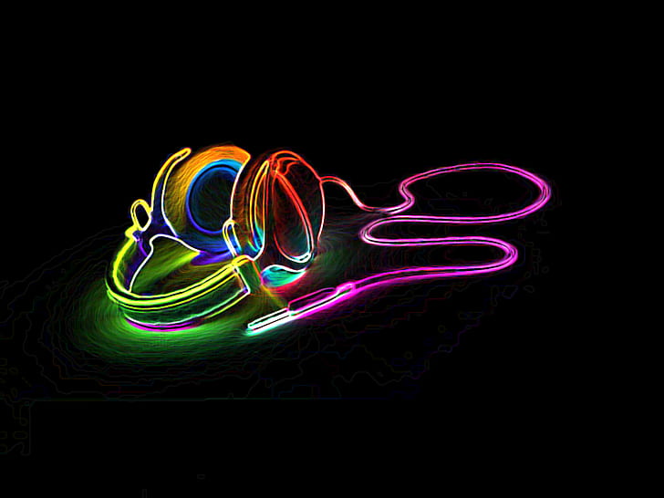 Headphones HD, neon lighted corded headphone illustration, music