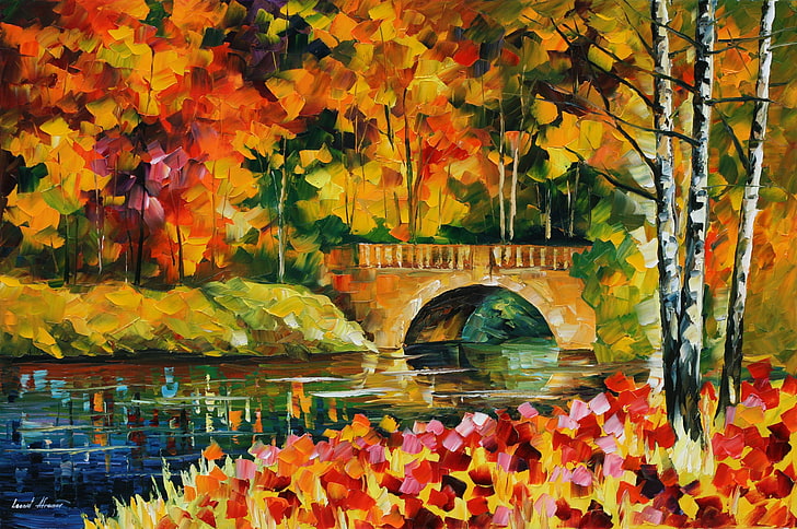 painting of bridge, autumn, leaves, water, trees, river, Leonid Afremov