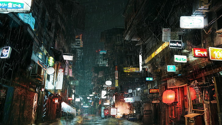 japan street houses, cyberpunk, rain, lights, city, advertisements