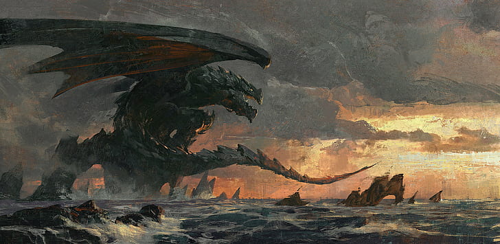 fantasy art, dragon, creature, sea, dark fantasy, artwork