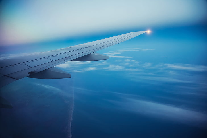 right airplane wing, sea, the sky, Islands, clouds, flight, the plane, HD wallpaper