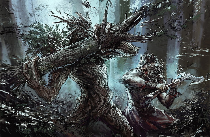 tree and wolf painting, artwork, fantasy art, ents, werewolves, HD wallpaper