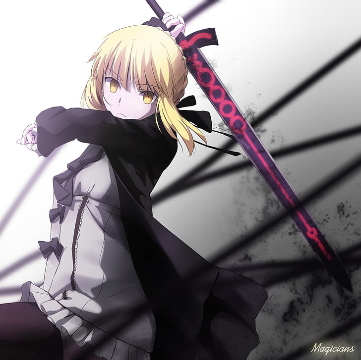 Fate Series, sword, Saber, Saber Alter, one person, hairstyle