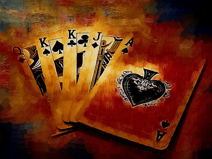 five playing cards, money, poker, illustration, backgrounds, symbol, HD wallpaper