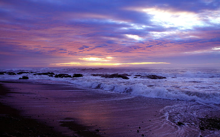 Coast, beach, rocks, sea, waves, sunset