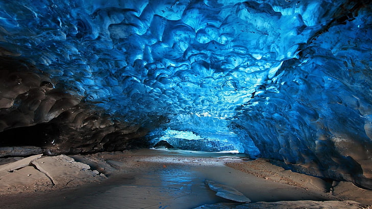 brown cave, ice, glaciers, nature, landscape, cyan, blue, geology