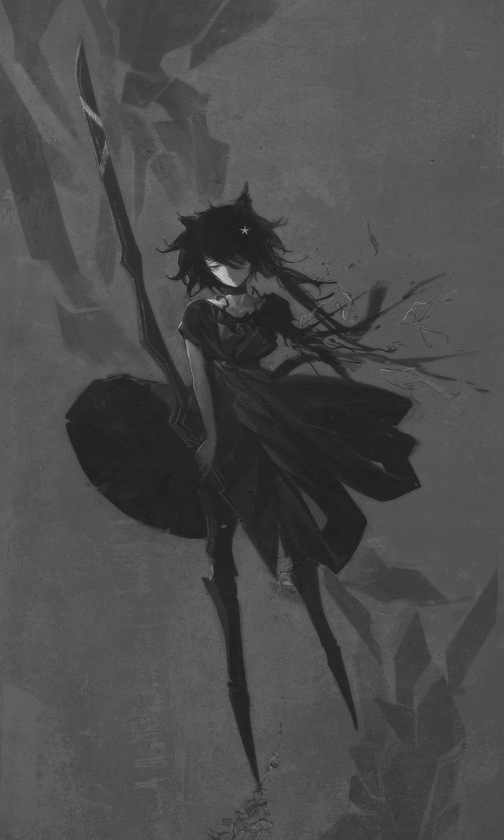 black haired female anime character illustration, monochrome
