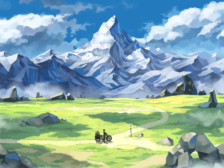 A beautiful anime style summer landscape. Green valley, river, high  mountains with snow capped peaks, blue sky with white clouds. AI generated.  23115333 Stock Photo at Vecteezy