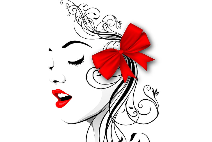 woman's face sketch, style, vector, profile, bow, red lips, illustration, HD wallpaper