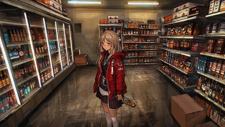 brown hair female character, anime girls, alcohol, zettai ryouiki, HD wallpaper