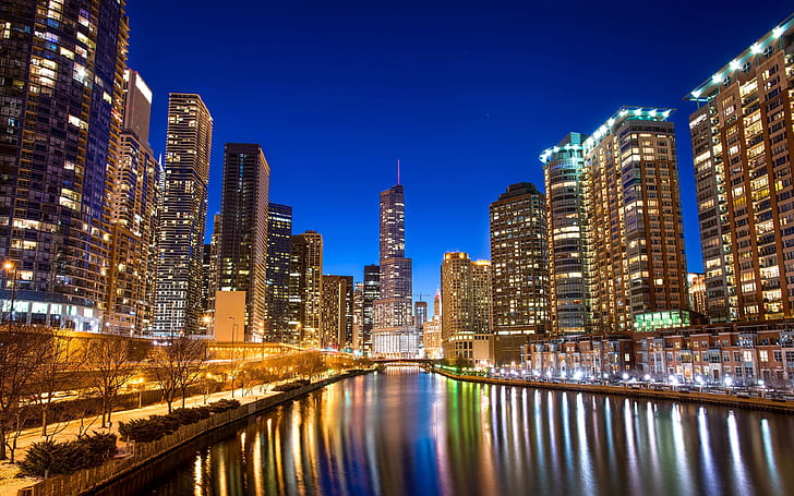 Chicago River At Nigh Reflection United States Of America Desktop Hd Wallpaper For Mobile Phones Tablet And Pc 3840×2400, HD wallpaper