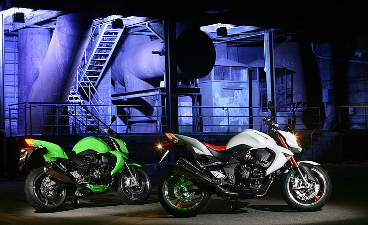 2008 Kawasaki Z1000 Motorcycles, two green and white motorcycles