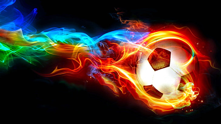 soccer ball, flame, football, fire, graphics, darkness, colorful, HD wallpaper