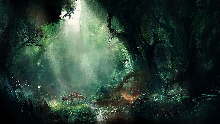 brown deer, doe in the middle of forest painting, artwork, digital art, HD wallpaper