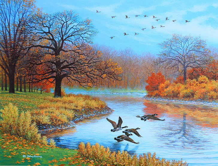 Peaceful autumn, beautiful, season, lovely, colors, water, trees, HD wallpaper