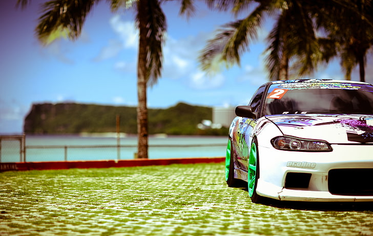 white coupe, sea, the sun, palm trees, tuning, S15, Silvia, Nissan HD wallpaper
