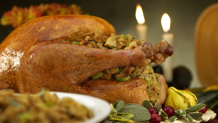 roast chicken dish, food, meat, Thanksgiving, candles, food and drink, HD wallpaper