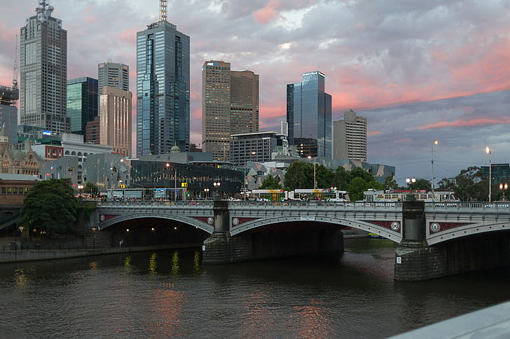 Melbourne, Australia, sky, house, skyscraper, bridge, river, clouds, HD wallpaper