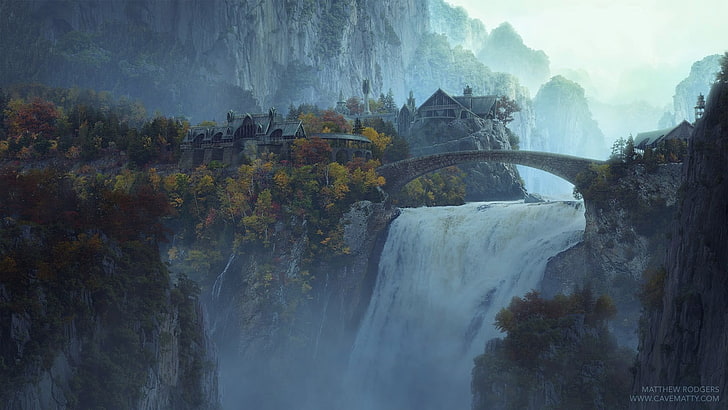 waterfalls painting, movies, The Lord of the Rings, Rivendell, HD wallpaper