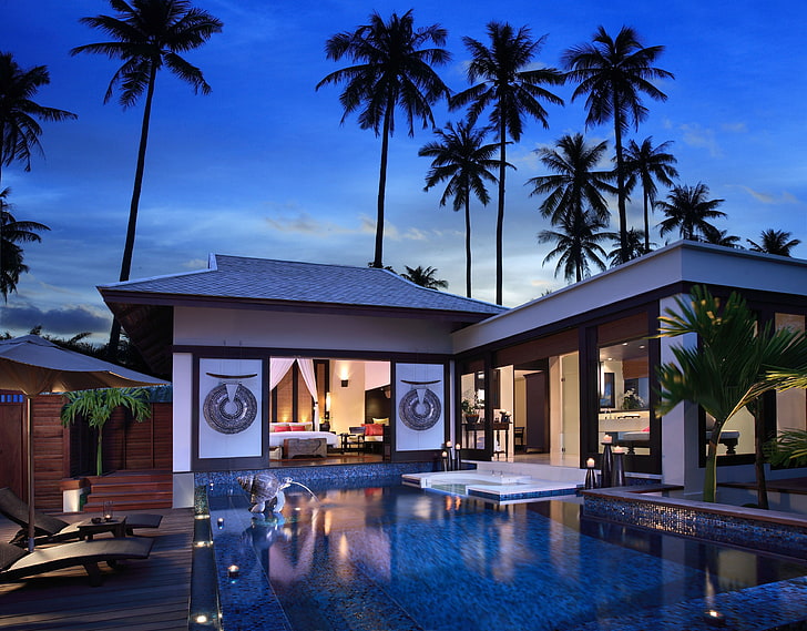 white concrete house, palm trees, the evening, pool, Bungalow, HD wallpaper