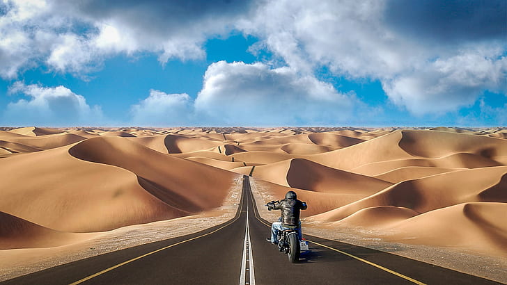 person in black jacket with helmet rides motorcycle in desert during daytime, HD wallpaper