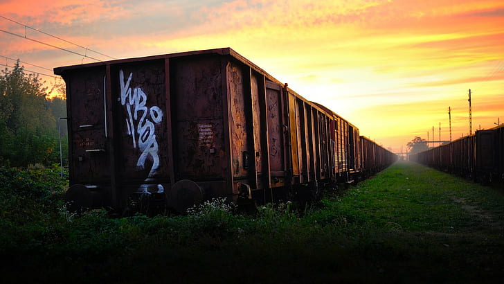 brown steel train cargo, landscape, sky, sunset, cloud - sky, HD wallpaper