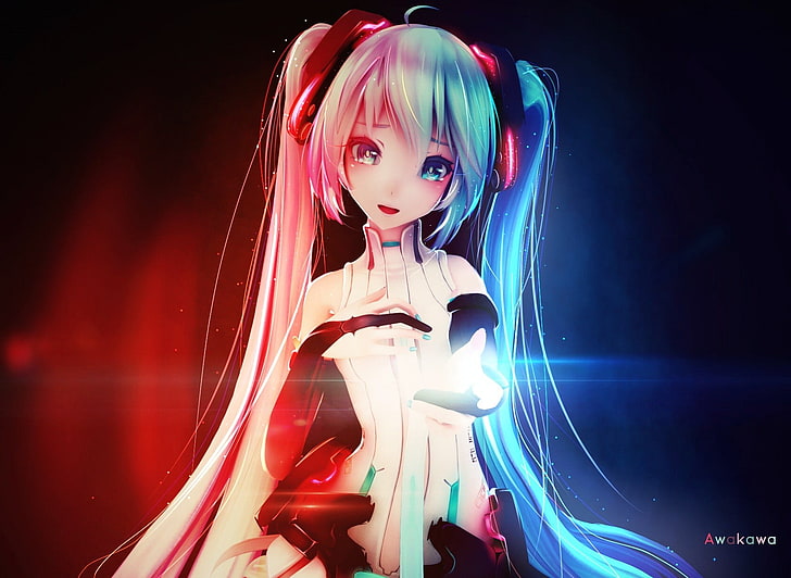 red and teal haired Female anime character, anime girls, Hatsune Miku