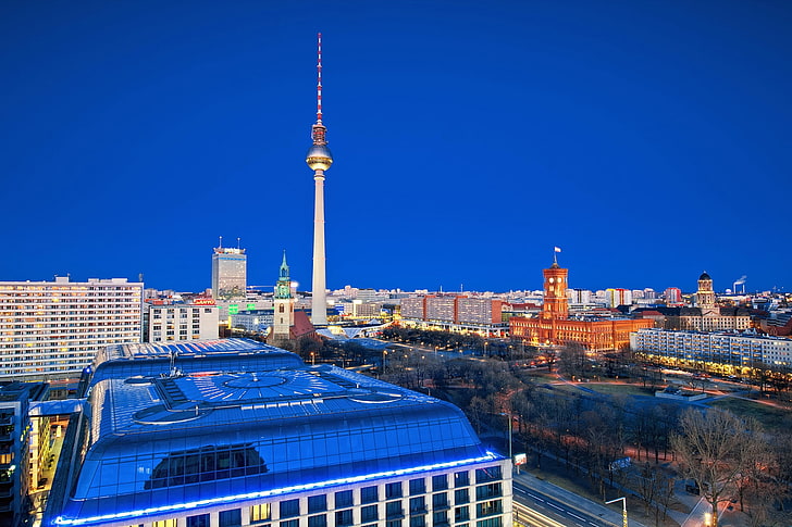 blue building, berlin, city, roads, houses, night, television Tower - Berlin, HD wallpaper