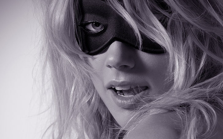 women, Amber Heard, mask, monochrome, looking at viewer, open mouth