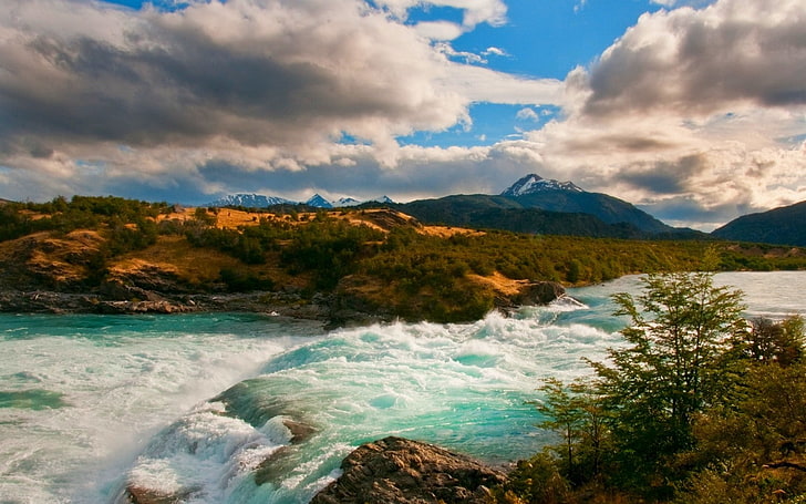 nature, landscape, river, mountains, clouds, shrubs, Patagonia