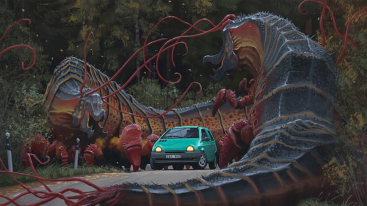 teal 5-door hatchback, Simon Stålenhag, artwork, Renault Twingo, HD wallpaper