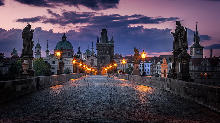 charles bridge, prague, czech republic, dusk, europe, evening, HD wallpaper