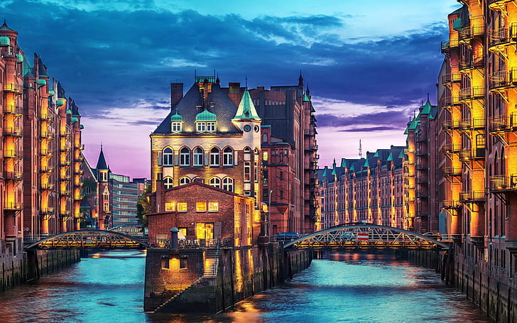 Germany, Hamburg, night, houses, lights, river, bridge, photo of draw bridges, HD wallpaper