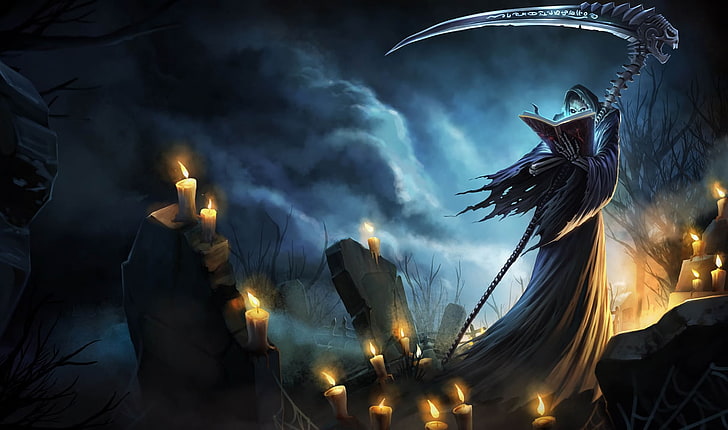 grim reaper illustration, death, darkness, graves, candles, braid