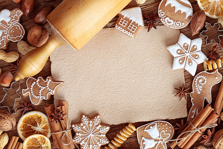 brown rolling pin, Christmas, cake, table, paper, sheet, cookie, HD wallpaper