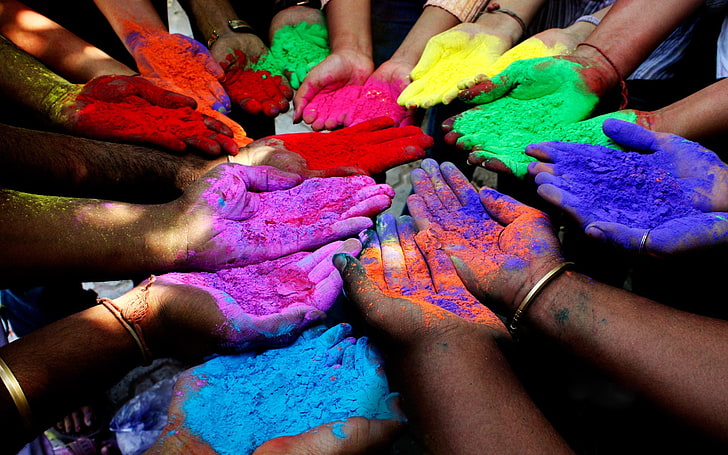 Holi, colorful, group of people, real people, human hand, multi colored, HD wallpaper