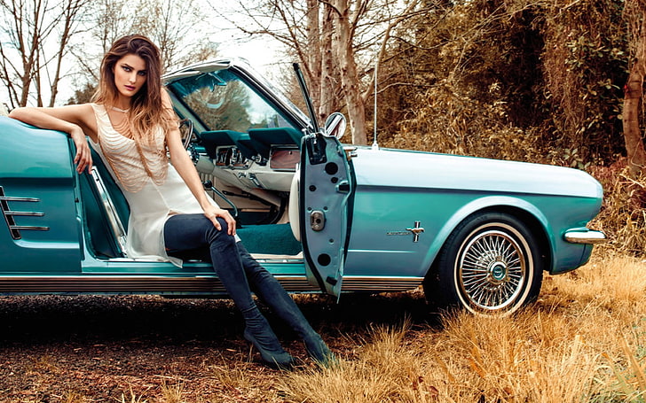 women's blue jeans, car, women with cars, long hair, model, looking at viewer, HD wallpaper