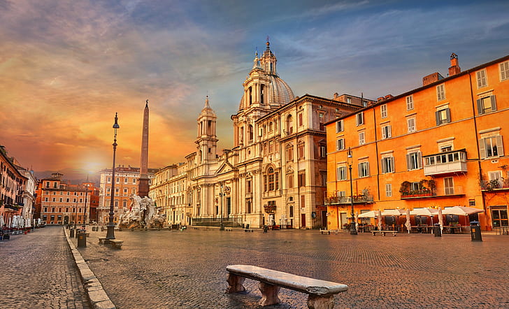 area, Rome, Italy, bench, obelisk, Piazza Navona, Fountain Of The Four Rivers, HD wallpaper