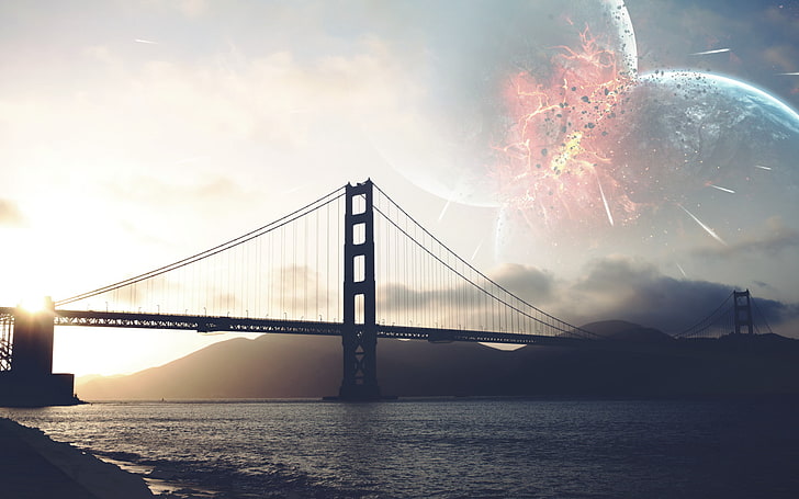 sky, fan art, digital art, planet, Golden Gate Bridge, rope bridge, HD wallpaper