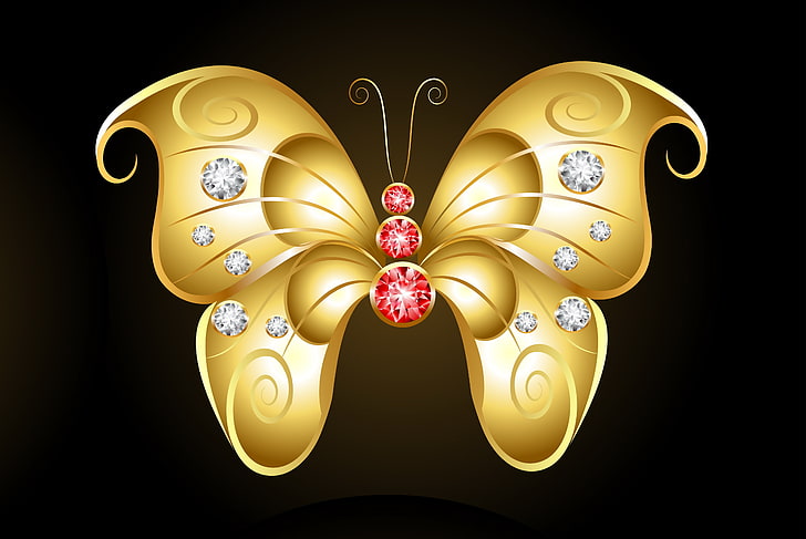 gold butterfly illustration, the dark background, abstraction, HD wallpaper