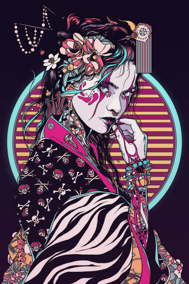 Conrado Salinas, women, geisha, kimono, artwork, illustration