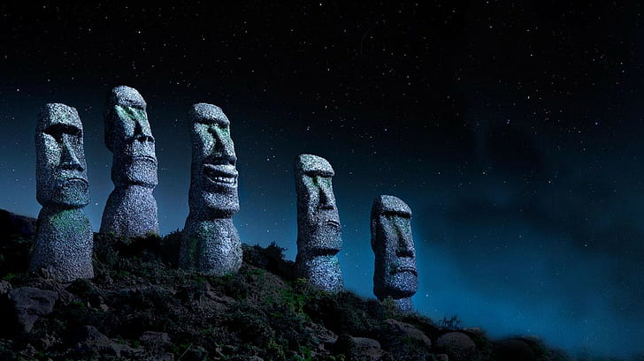moai easter island, night, no people, solid, history, nature, HD wallpaper