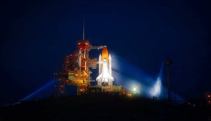 white and orange rocket lift off during night time, Space Shuttle