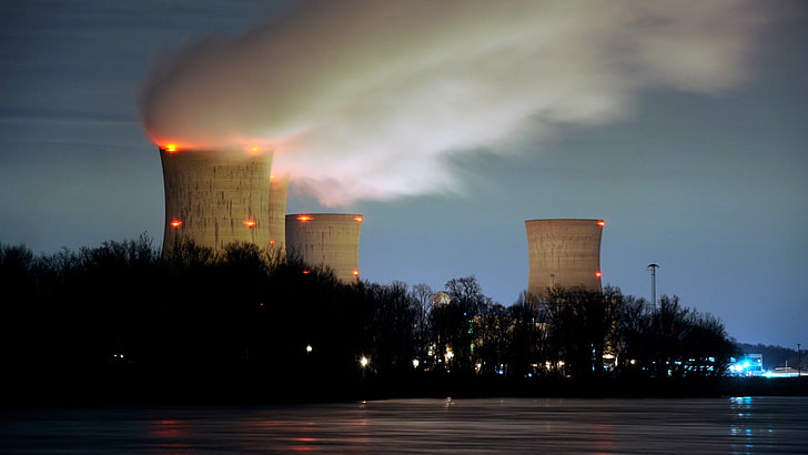 four white industrial machines, nuclear power plant, smoke, cooling towers, HD wallpaper