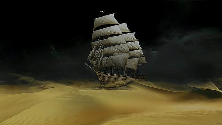 painting of sail ship on desert, boat, sand, Tintin, drawing