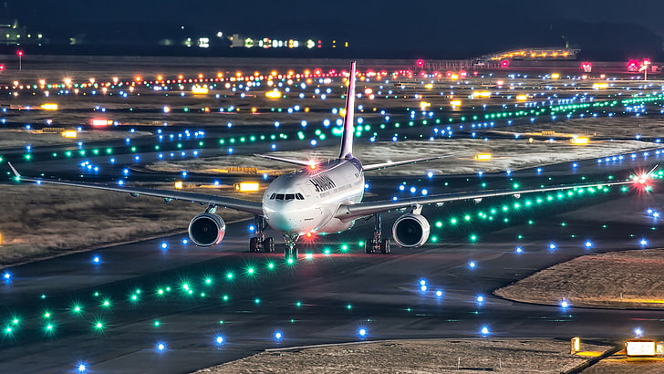 white airliner, night, lights, Japan, the plane, runway, Airbus A330-200, HD wallpaper