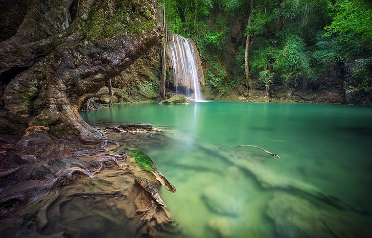 photo of waterfalls, forest, roots, Thailand, tropical, trees, HD wallpaper