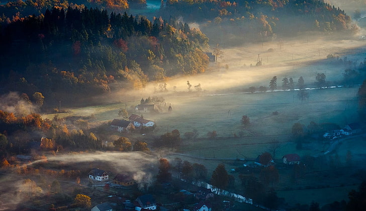 white concrete village, fog-covered village painting, mist, morning, HD wallpaper
