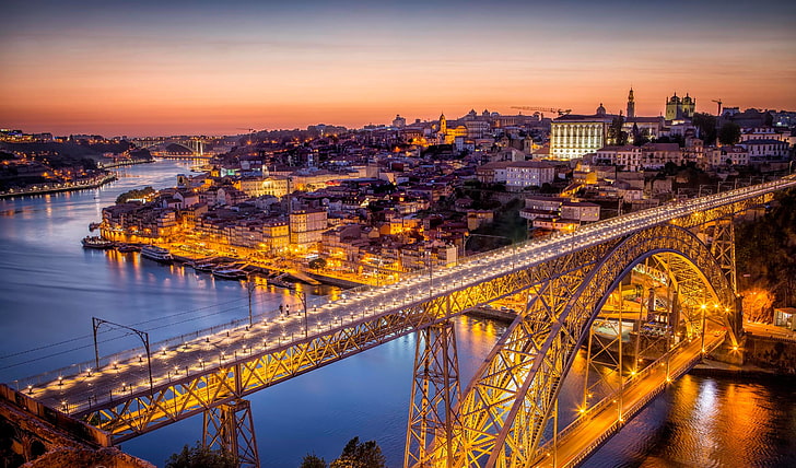 bridge, lights, river, home, panorama, Portugal, Porto